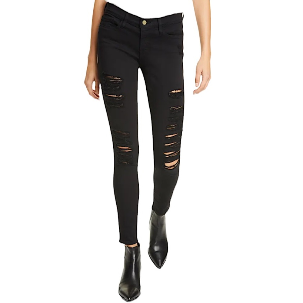 FRAME denim le skinny de jeanne Film Noir black super distressed size 24